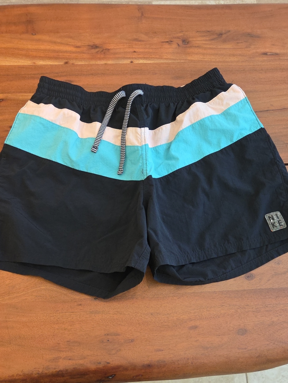 Black NIKE Swim Trunks with Turquoise & White Chevron Stripe